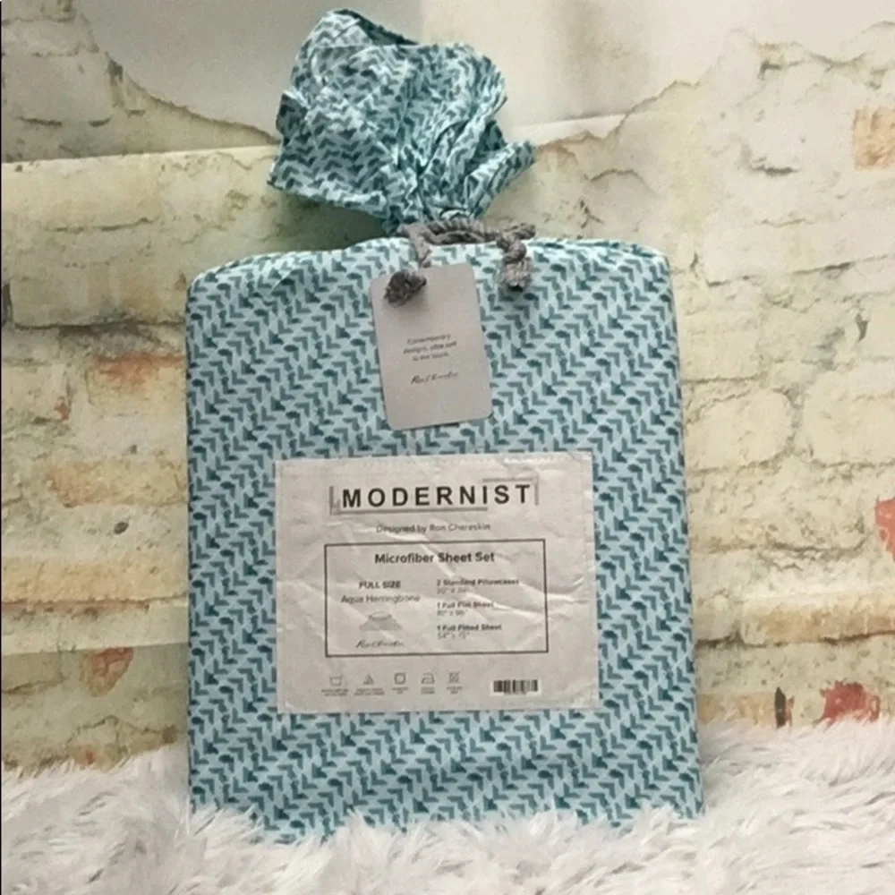 New Gravity Herringbone Print Full 4-Piece Sheet Bedding Set - Aqua White